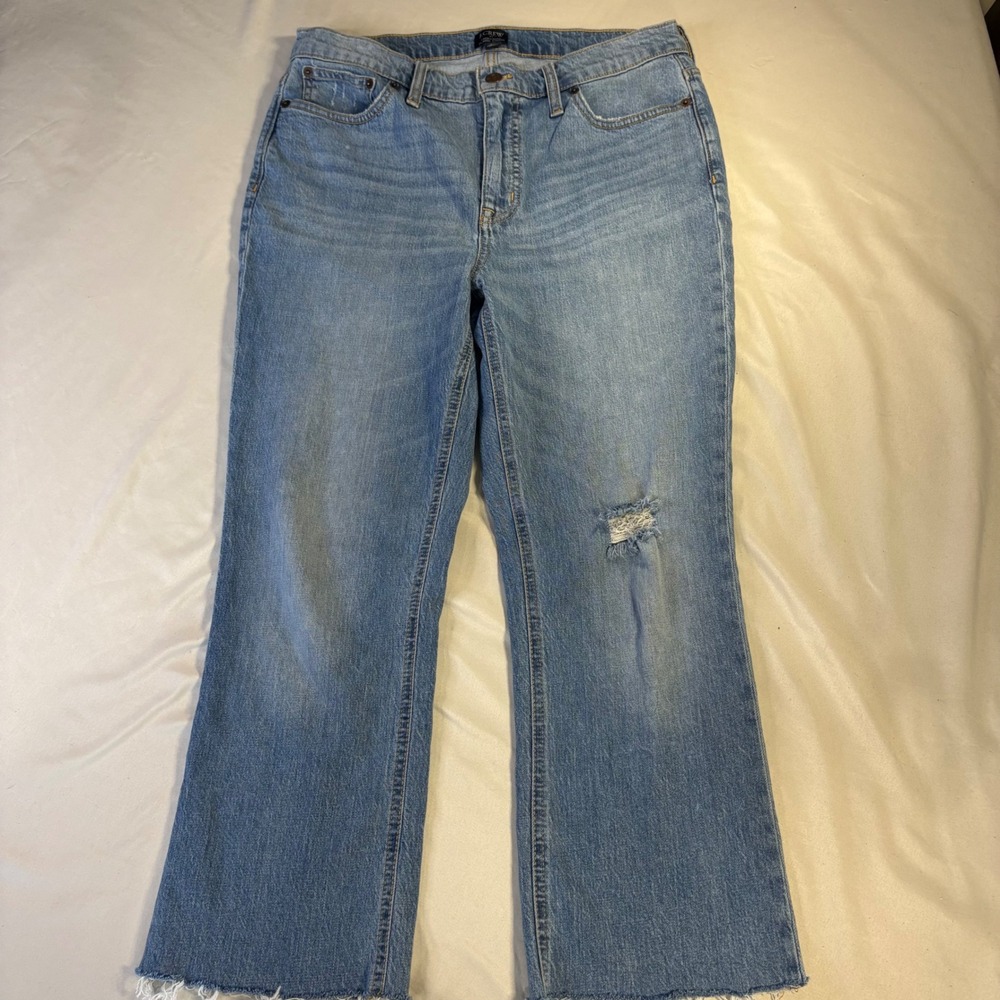 J. Crew High Rise Flare Crop Jeans Distressed Frayed Hem Light Wash Size 29